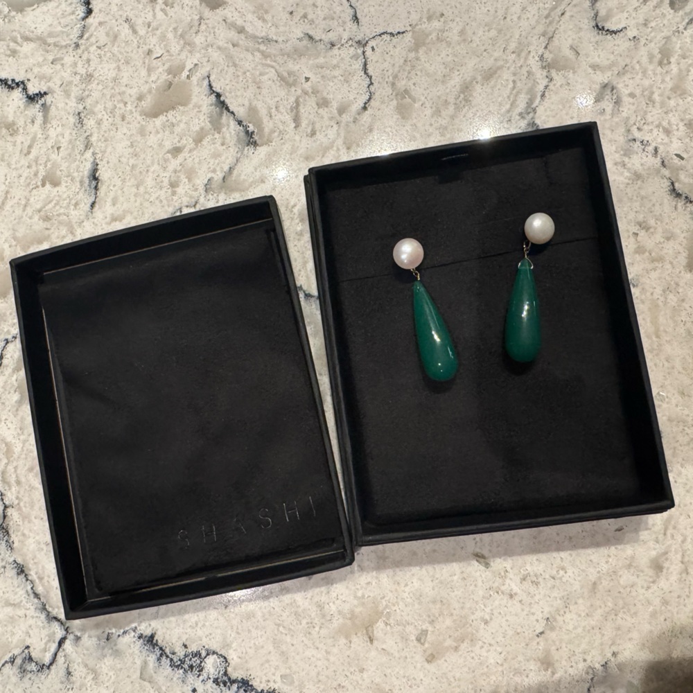 SHASHI Green and White Pearl Drop Earrings